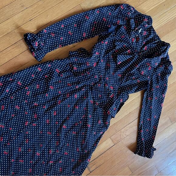 70s Vintage Straberry And Swiss Dot Long Sleeve Prairie Dress with Peplum Waist - Picture 4 of 12